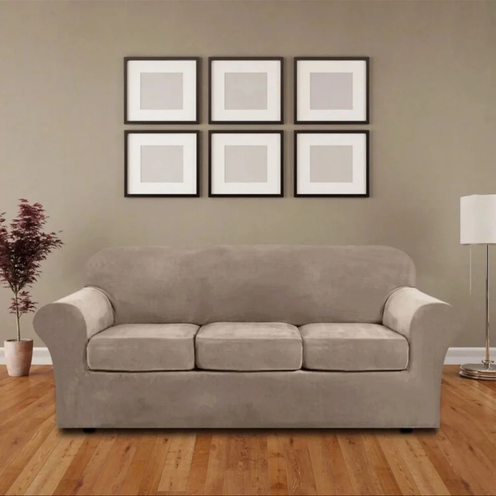Elegant Velour Beige Stretchy Sofa Cover